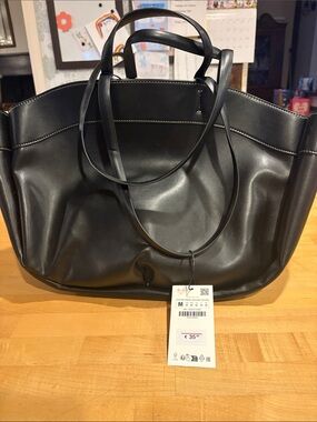 Zara Black Leather-Look Tote Bag